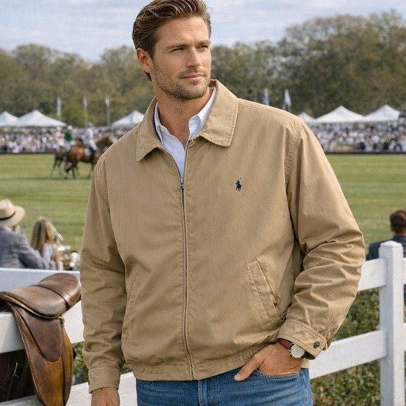 Polo Ralph Lauren Men's 2XB Lined Tan Harrington Jacket Pockets Zip Front Preppy
